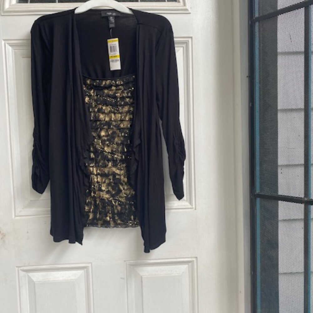 INC Twin Set Black Gold Layered 3/4 Sleeve Popover Faux Twin Set 1 Piece NWT PM